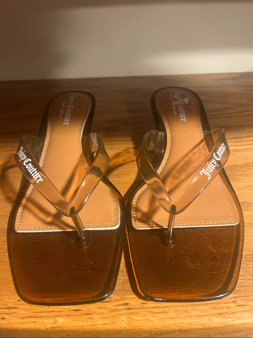 Juicy Couture Brown Transparent Strap Square-Toe Sandal Kitten Heels